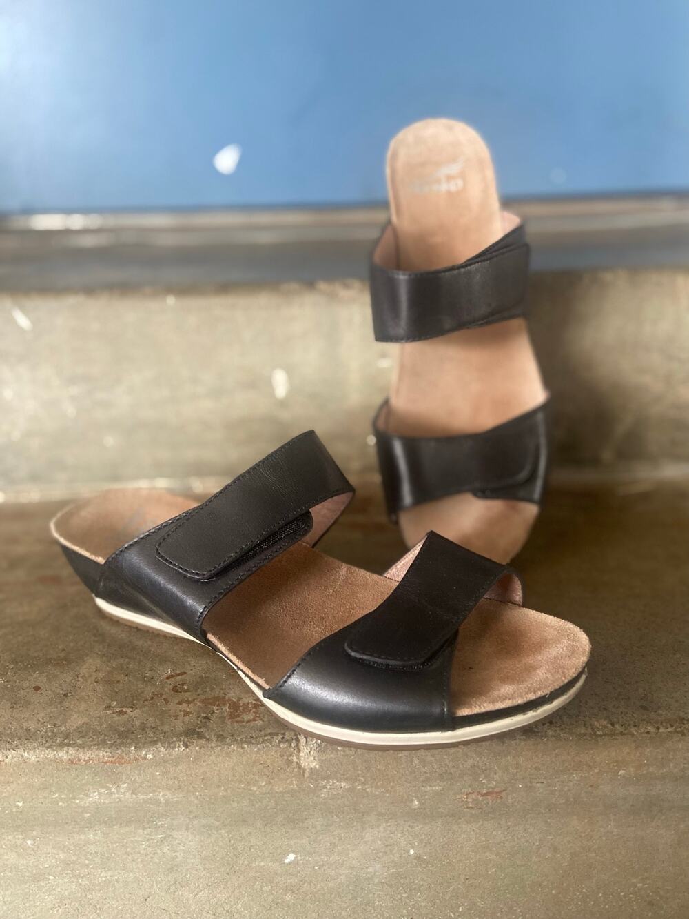 Dansko Shannon black leather adjustable two strap low wedge sandals-size 40